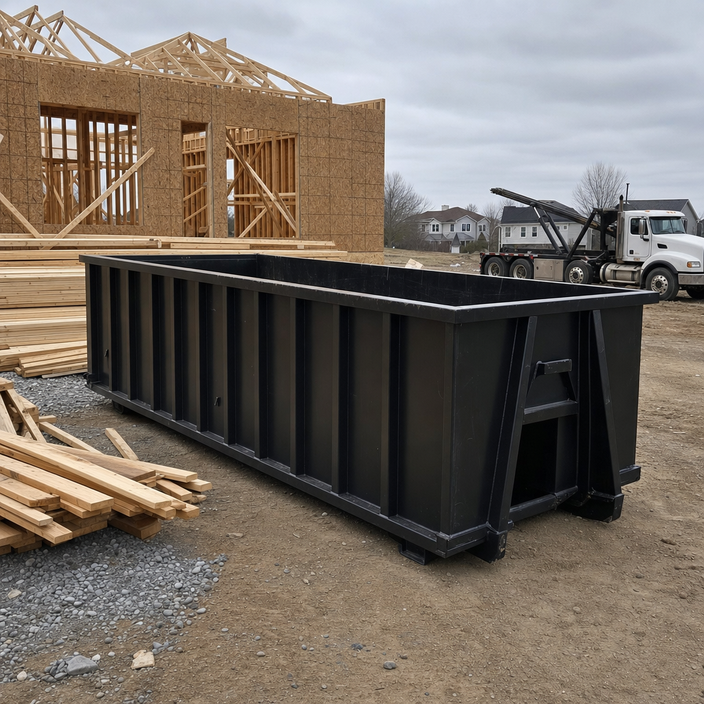 Matte-black 40-yard roll-off dumpster staged on a framed-out residential construction site in Reading, framing lumber stacked nearby, hooklift delivery truck visible in the background under bright Colorado daylight