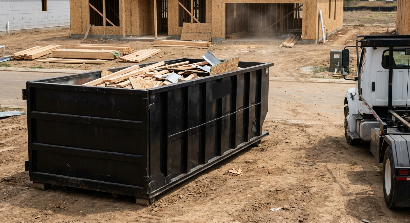 Matte-black 20-yard roll-off construction dumpster with heavy ribbed steel sidewalls and swing rear doors at a working jobsite in Reading, sitting directly on compacted dirt with an unmarked white hauler partially visible at the far edge of the frame.