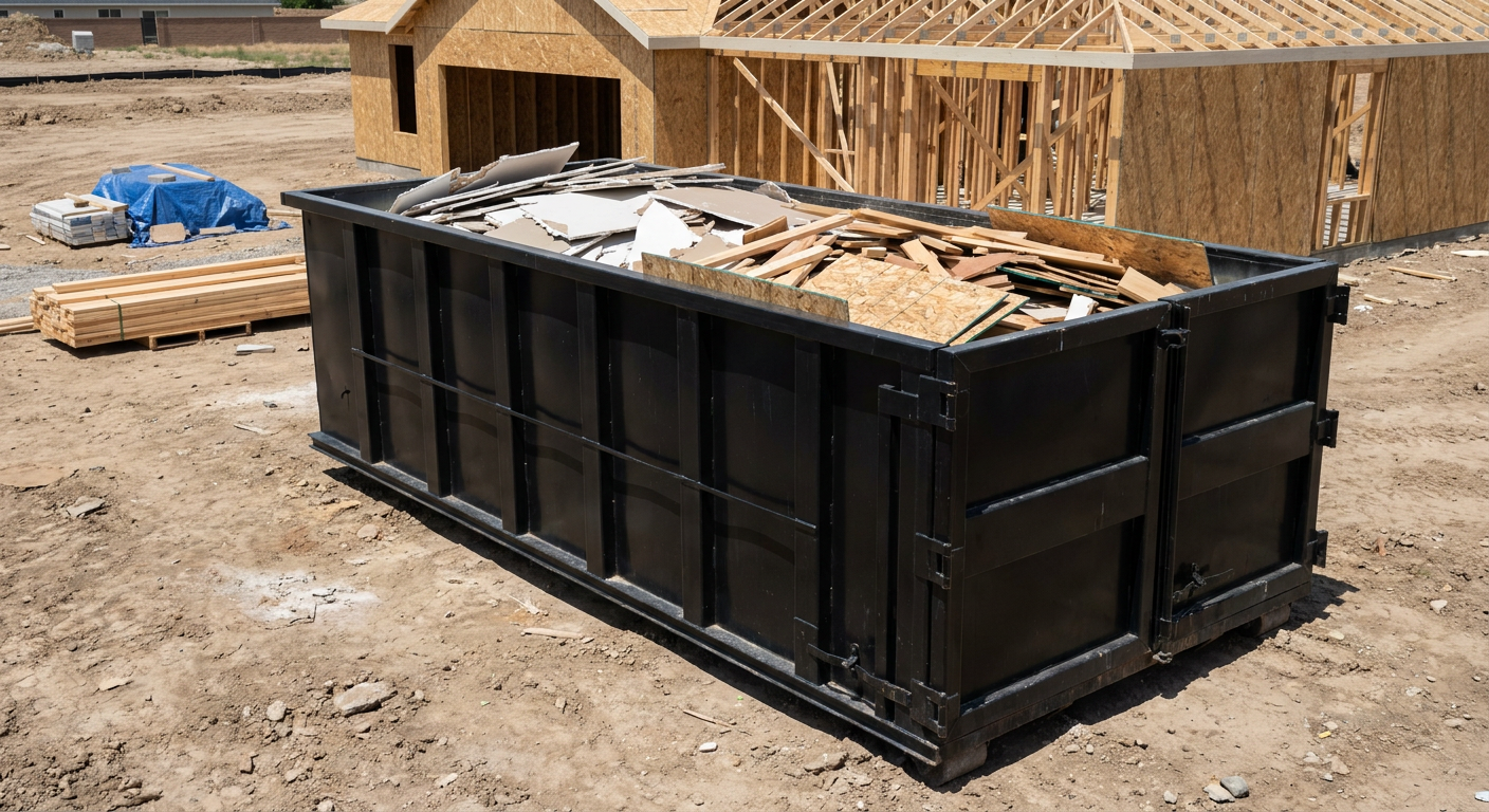 Matte-black 30-yard roll-off construction dumpster sitting directly on the compacted-dirt site of a framed single-family home build in Reading, drywall and lumber scrap loaded inside.