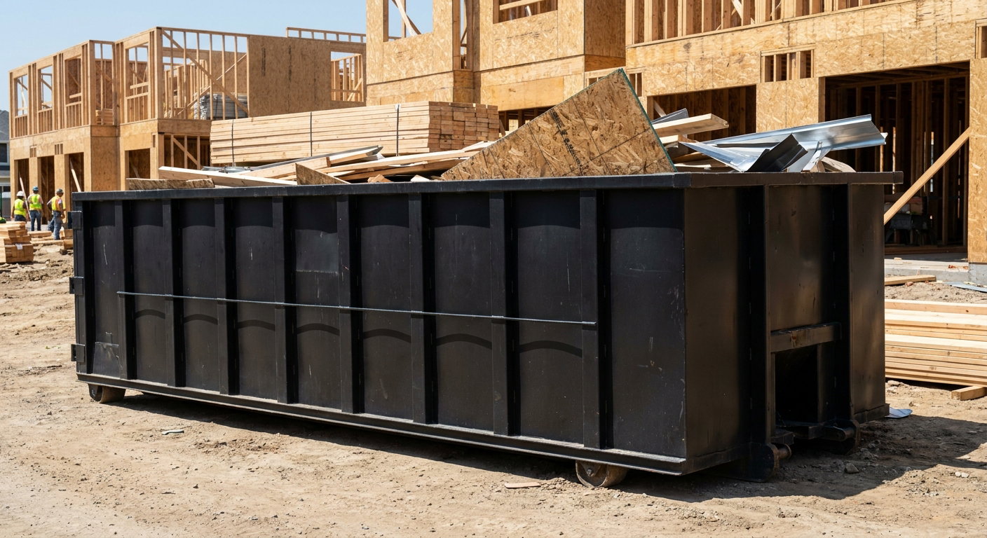 Matte-black 40-yard roll-off construction dumpster being lowered from a white-cab hooklift delivery truck onto the compacted-dirt jobsite at a commercial build site in Reading
