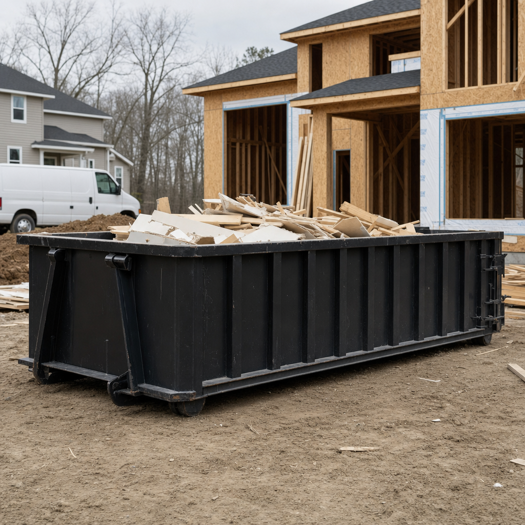 Worker in a yellow high-visibility vest tossing framing lumber and broken drywall into a matte-black 30-yard construction roll-off dumpster on an active build site in Reading, bright daylight