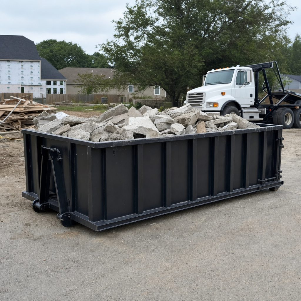 Low-profile matte-black lowboy roll-off dumpster loaded with broken concrete slab and rebar at a foundation tear-out in Reading, skid steer parked beside it, sunny Colorado morning