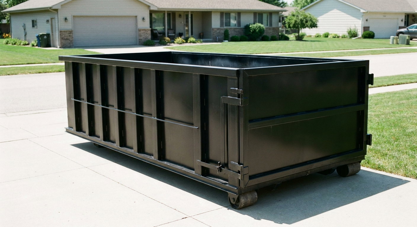 Matte-black 10-yard roll-off dumpster on a residential concrete driveway in Reading, uniformly painted matte black across every panel and rail, ribbed steel sidewalls and rear swing door visible, mid-day daylight.