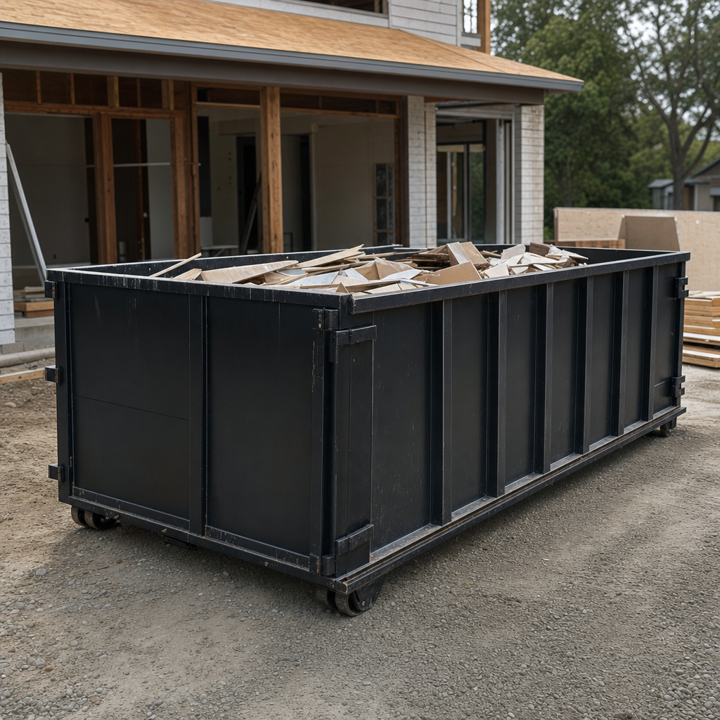 Large matte-black 30-yard construction roll-off dumpster at an active Reading jobsite, steel-gray top rails and bottom rollers visible, loaded with construction debris.