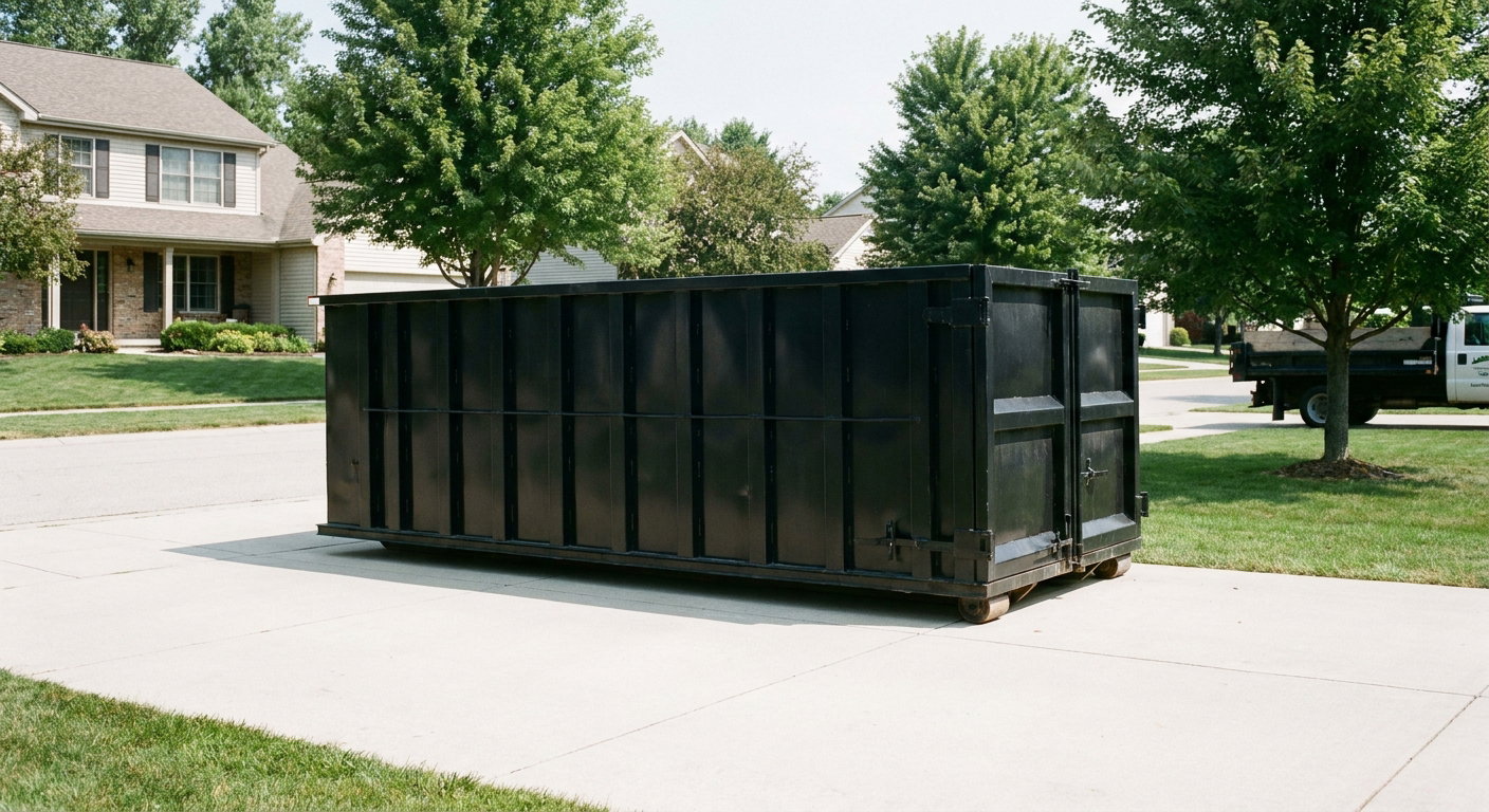 Matte-black 20-yard roll-off dumpster sitting level on a clean Reading residential concrete driveway under bright daylight, demonstrating clean placement directly on the concrete.