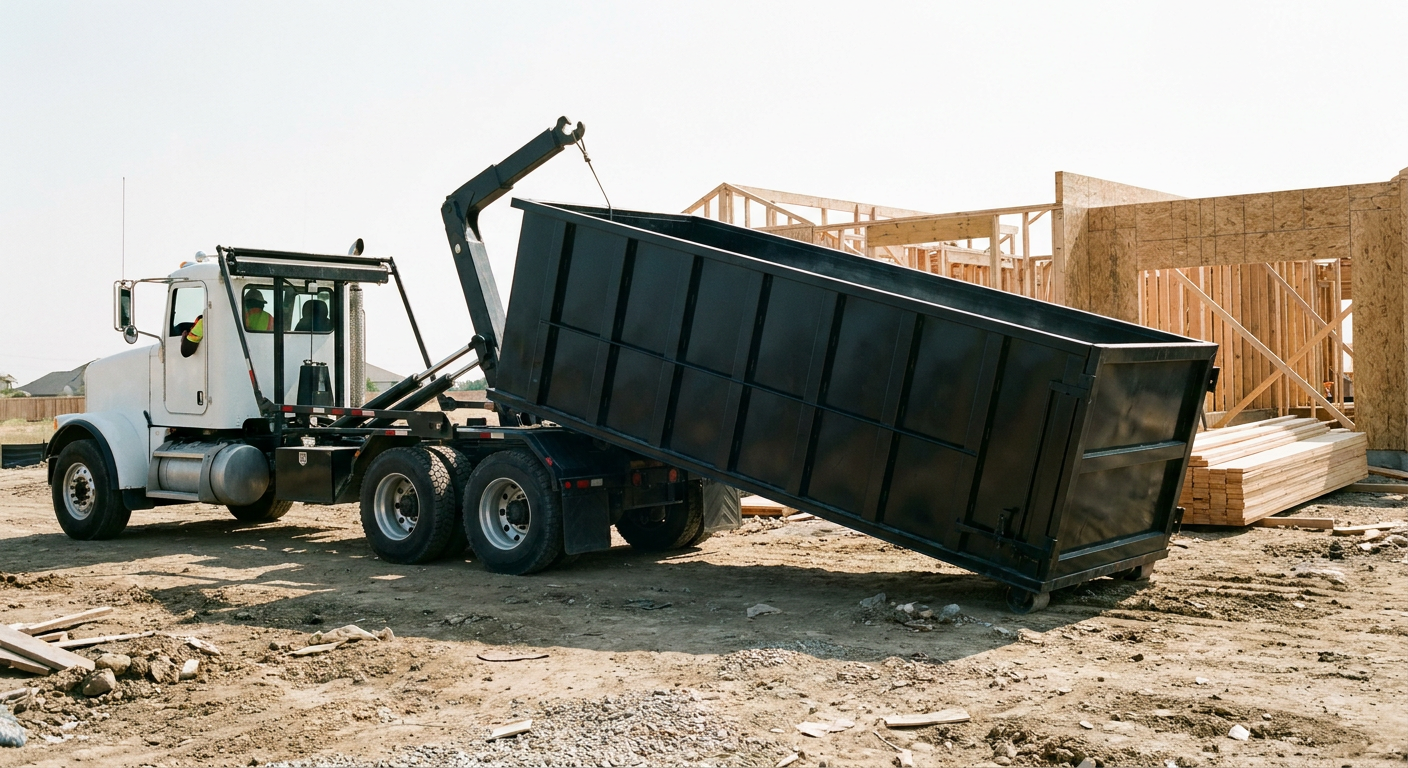 Matte-black roll-off dumpster being delivered onto a clean residential concrete driveway in Reading by an unmarked white hooklift hauler truck, bright morning daylight, documentary 35mm perspective.