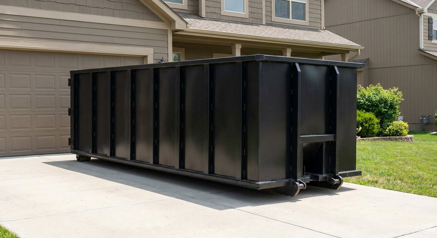 Matte-black residential roll-off dumpster sitting directly on a suburban Reading concrete driveway, garage door closed, single-family home in background, bright morning daylight.