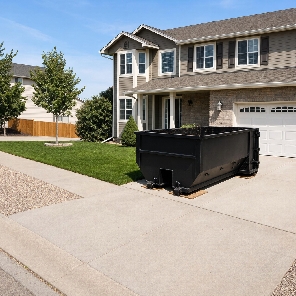10-yard matte-black residential dumpster placed directly on a narrow Reading concrete driveway, room remains for a parked sedan beside it, mid-morning natural light