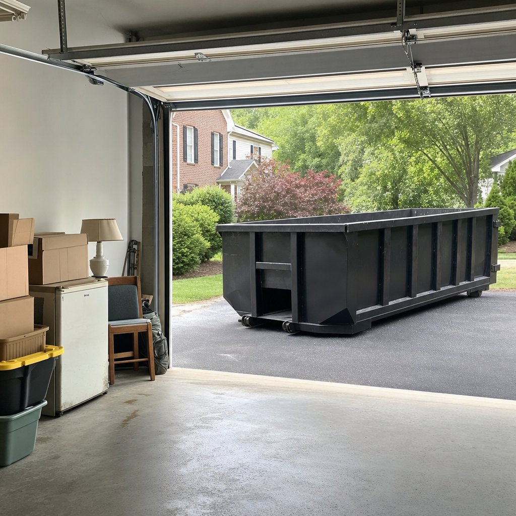 Open garage interior in a Reading home mid-cleanout — boxed items, an old appliance, and stacked yard tools queued near the driveway for a matte-black roll-off dumpster, organized and calm