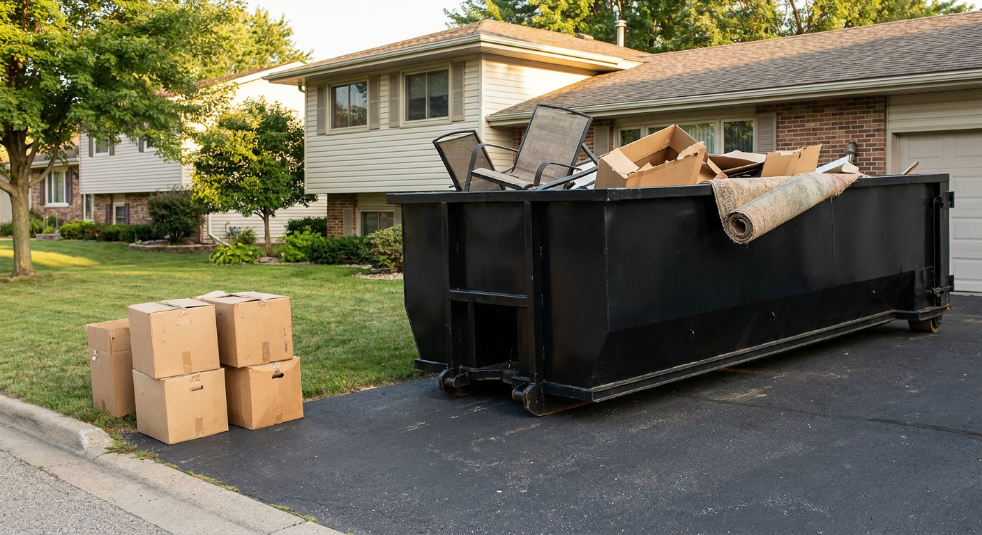 Front-yard view of a Reading split-level home with a 20-yard matte-black roll-off dumpster sitting directly on the asphalt driveway, a few clearly labeled donation boxes staged at the curb, calm sunny afternoon.