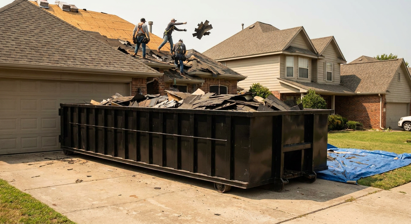 Matte-black roofing roll-off dumpster placed directly on a Reading residential concrete driveway, a tear-off crew on a two-story asphalt-shingle roof tossing shingle bundles into the low-walled container, bright daylight, documentary 35mm perspective.