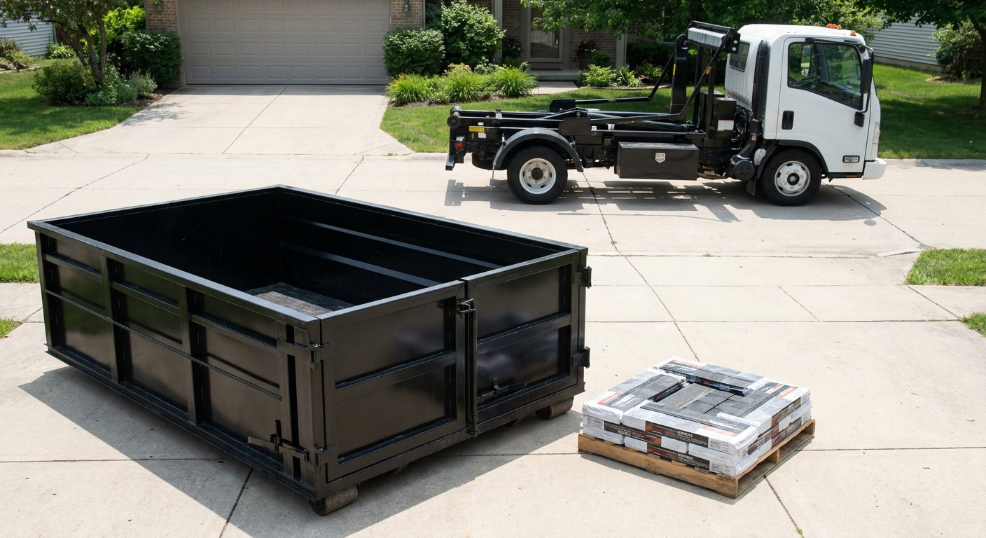 Matte-black 15-yard roofing roll-off dumpster with reinforced low side walls sitting directly on a Reading residential concrete driveway, three-tab asphalt shingle bundles stacked nearby, an unmarked white hauler truck partially visible at the edge of the frame.