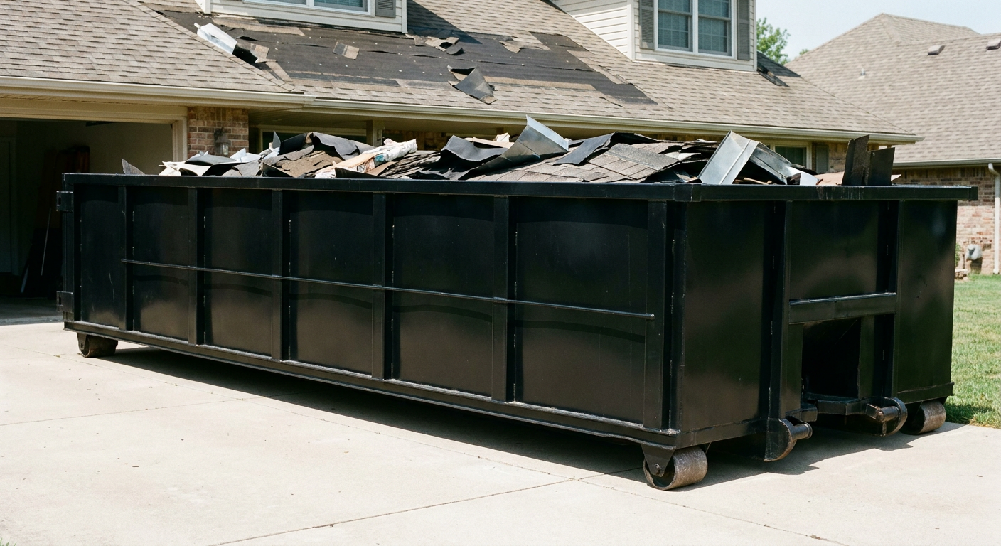 Matte-black 20-yard roofing roll-off dumpster with steel ribbed sides and swinging rear door, sitting directly on the concrete driveway of a two-story Reading home, asphalt shingle debris being loaded over the low wall, clean documentary lighting.