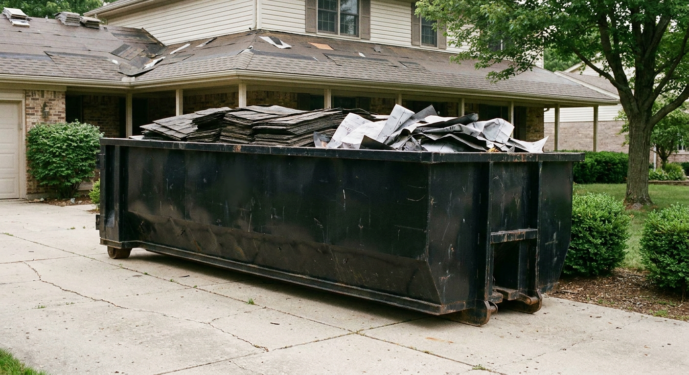 Matte-black 30-yard roofing roll-off dumpster sitting directly on a Reading concrete driveway, taller ribbed steel side panels, mixed tear-off debris of asphalt shingles and underlayment inside, professional documentary daylight.
