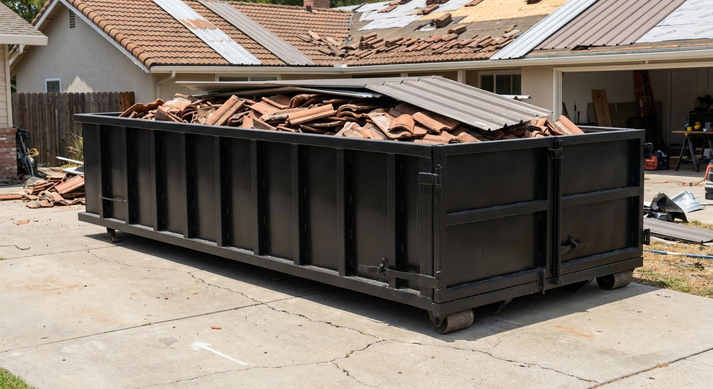 Matte-black low-wall heavy-debris roofing roll-off dumpster sitting directly on a Reading concrete driveway, broken concrete clay roof tiles and metal panel sections loaded inside, reinforced ribbed steel side walls visible, bright outdoor daylight.