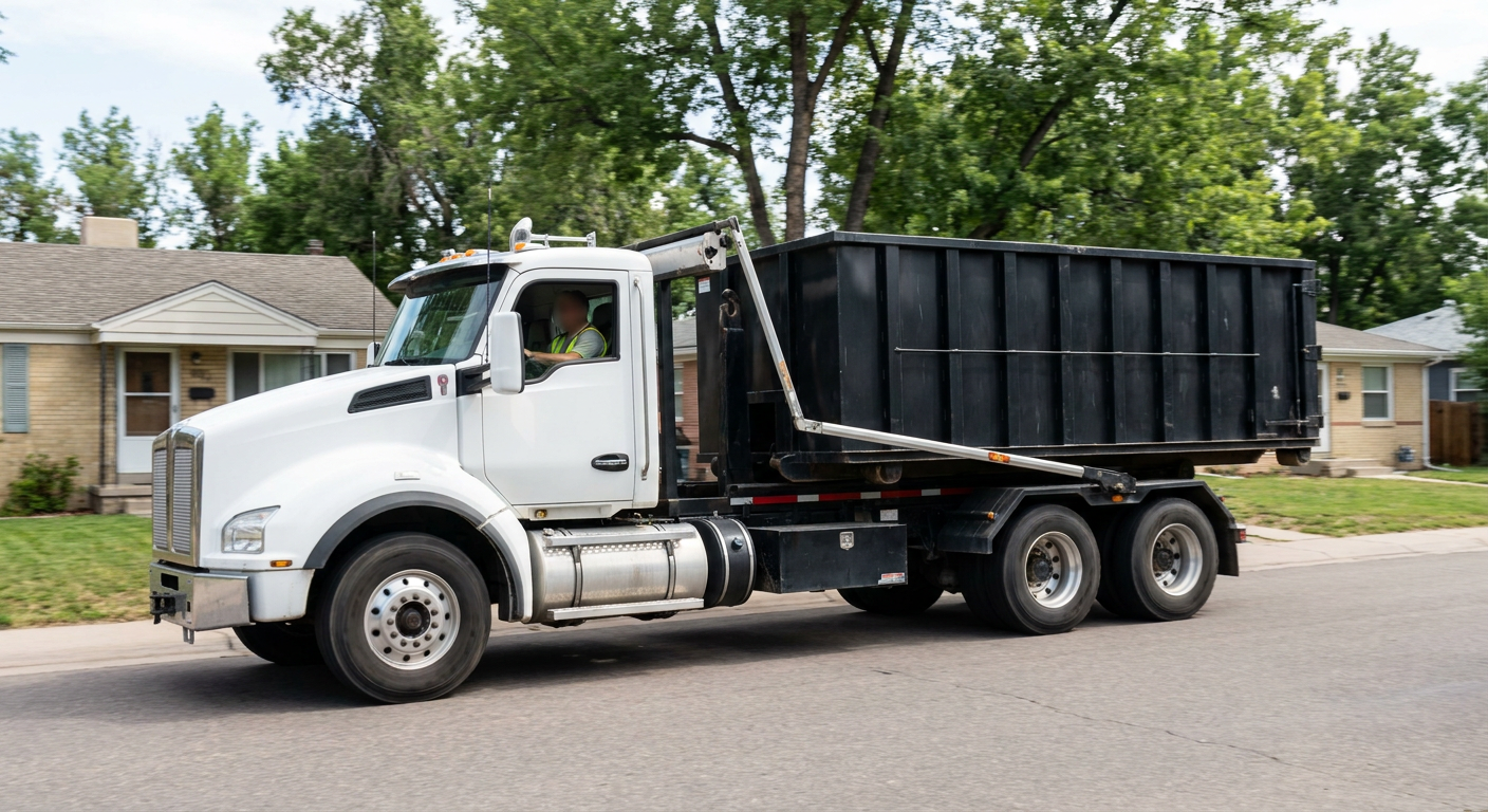 A wide documentary shot of a matte-black roll-off delivery truck pulling onto a quiet Reading residential street at mid-morning, with neighborhood rooftops and tree-lined blocks visible behind, showing the metro coverage footprint.