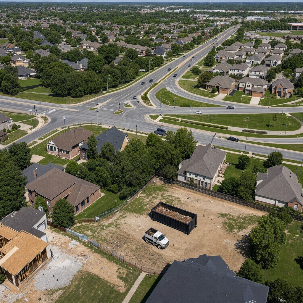 An overhead documentary view of the Reading metro area at midday, showing the spread of neighborhoods, arterial roads, and the dispatch radius from a central yard — clean daylight, organized geographic layout.
