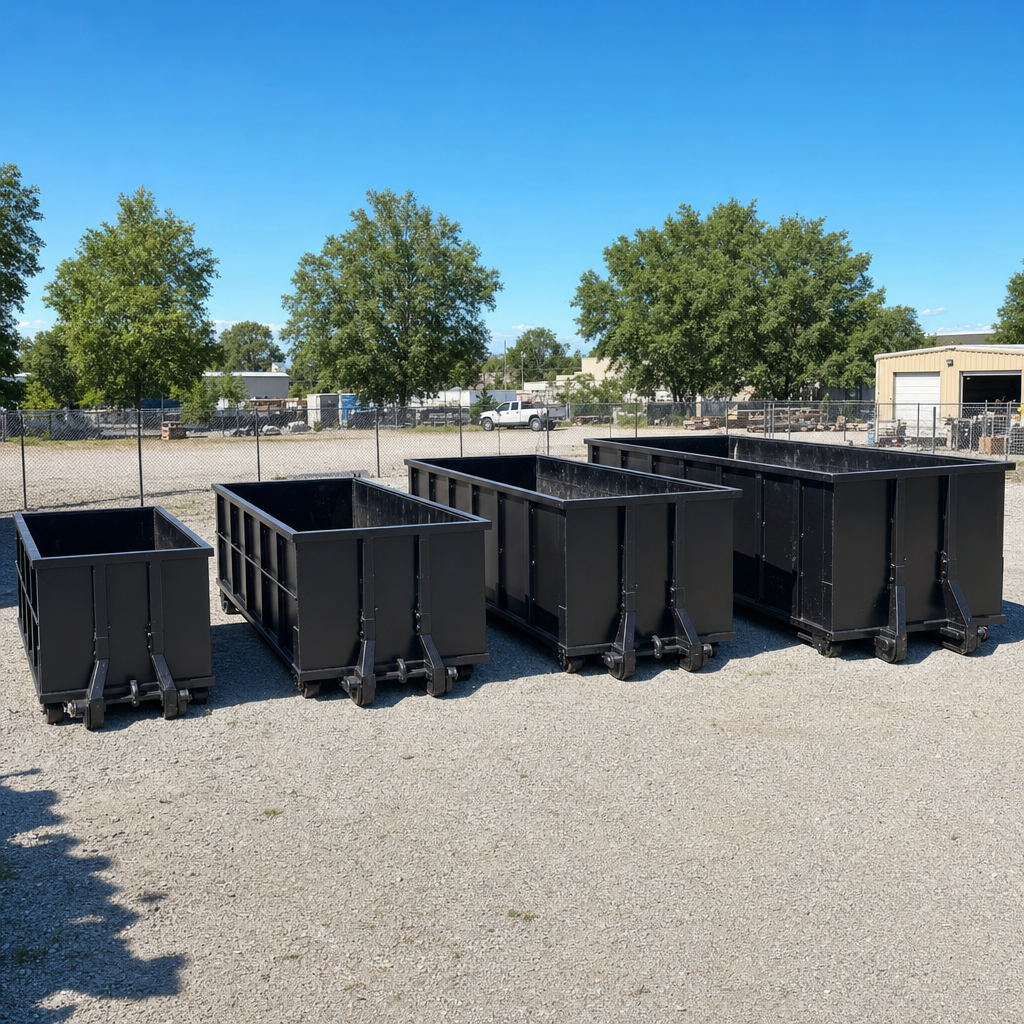 A clean lineup of matte-black roll-off dumpsters in 10, 20, 30, and 40-yard sizes staged on a sunlit gravel yard in Reading, showing the size progression from compact to commercial-scale containers.