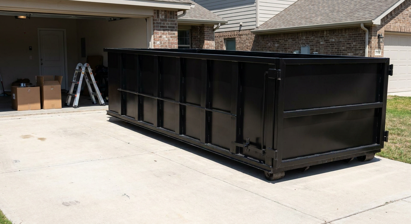 A matte-black 10-yard roll-off dumpster sitting directly on a residential Reading concrete driveway, mid-day sunlight, clean and ready for a garage cleanout.