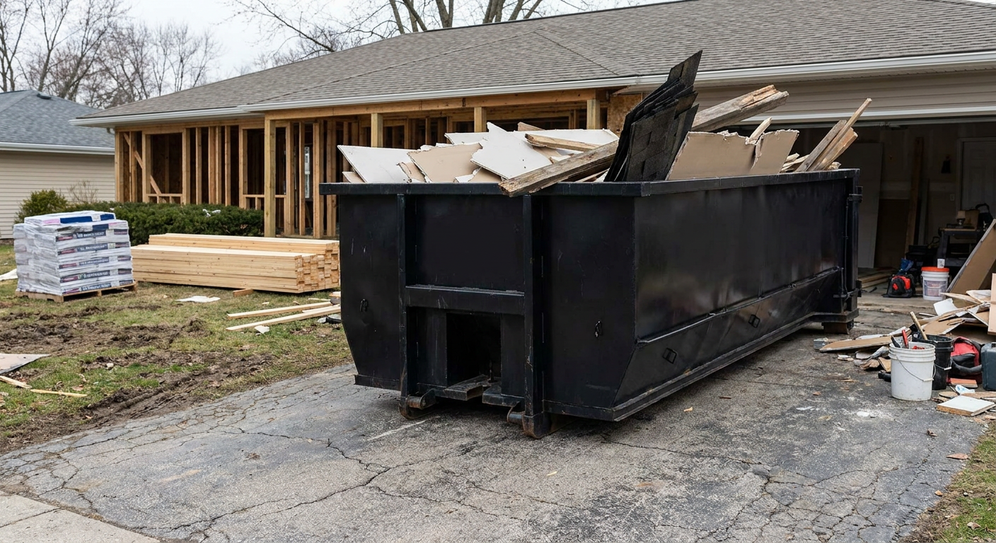 A matte-black 20-yard roll-off dumpster placed alongside a mid-renovation Reading home directly on the asphalt driveway, with framing materials and torn-off shingles staged neatly nearby.