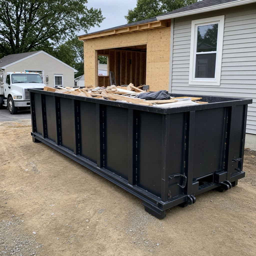 A matte-black 30-yard roll-off dumpster positioned at a Reading residential addition jobsite, with framing lumber and drywall scraps loaded through the open swinging rear doors.