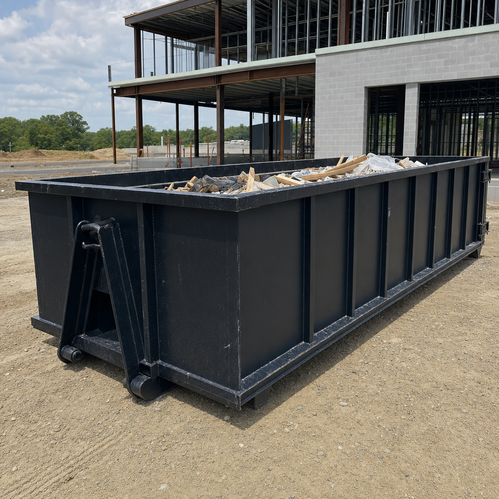A matte-black 40-yard roll-off dumpster staged on a large Reading commercial construction lot, with a hooklift delivery truck parked alongside under bright midday sky.