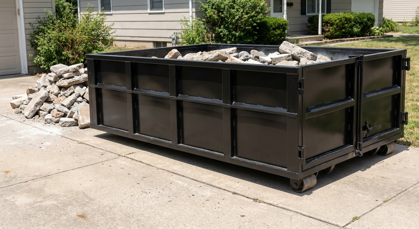 A matte-black low-side heavy-debris roll-off dumpster placed directly on a Reading concrete driveway, with broken concrete chunks neatly stacked beside it under clean daylight.